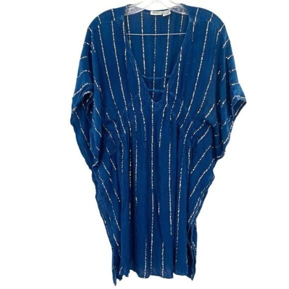 Raya Sun Cover Up Kaftan Blue Gold Boho Beach Vacation Swimsuit Coverup - Picture 13 of 13